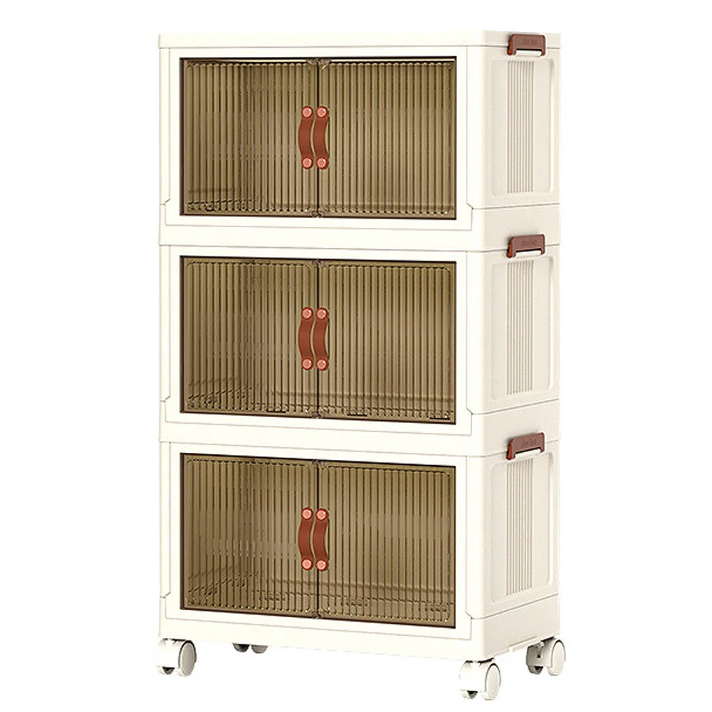 Foldable Storage Cabinet Stackable Bins Household Plastic Closet Multi-purpose Organizer Doors and Top Lid 2 Way Opening with 360 Degree Rotatable Wheels