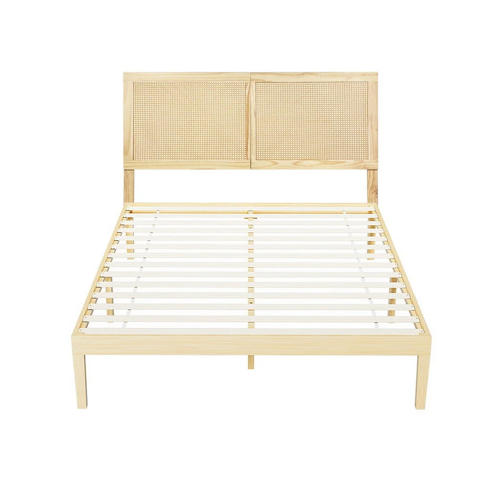 Artiss Bed Frame Queen Size with Rattan Headboard Wooden Bed Base BRUNO