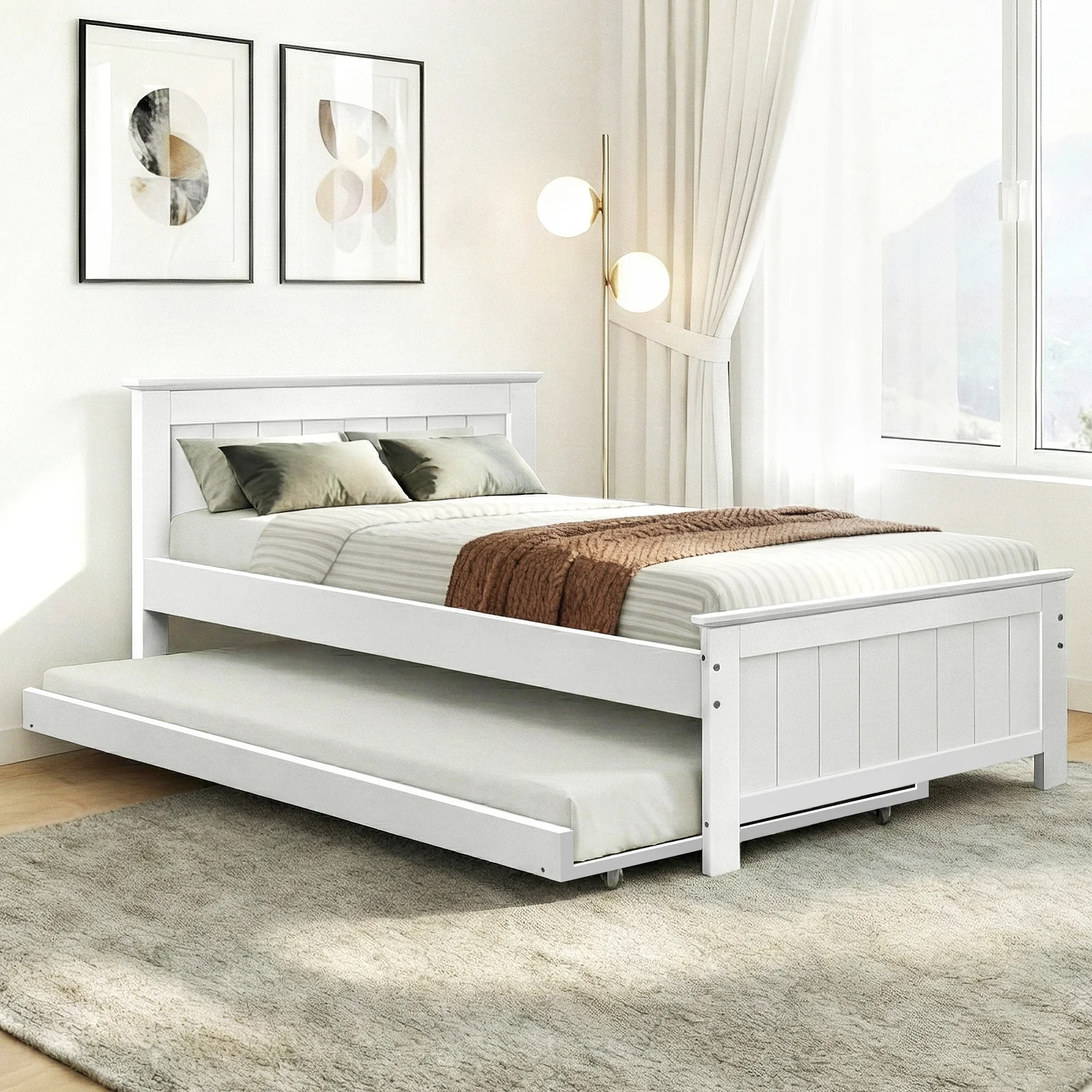 Artiss Bed Frame King Single Size Wooden Trundle Daybed White ELVIS