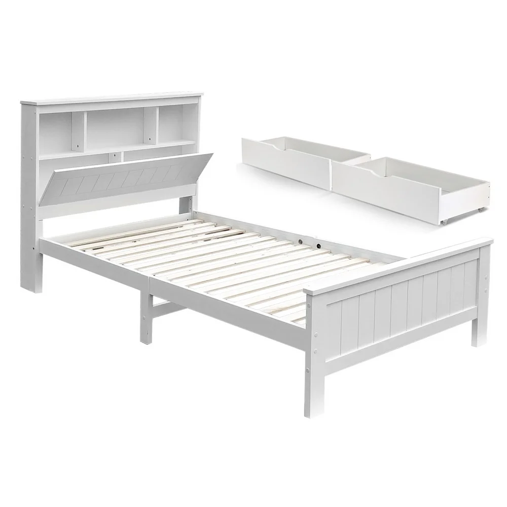 Artiss Bed Frame King Single Size Wooden with 2 Storage Drawers White