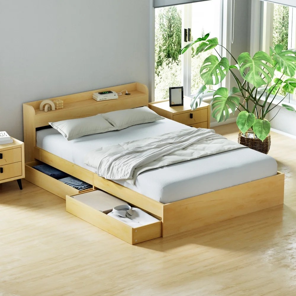 Artiss Bed Frame Double Size with Charging Ports and 2 Drawers AURA