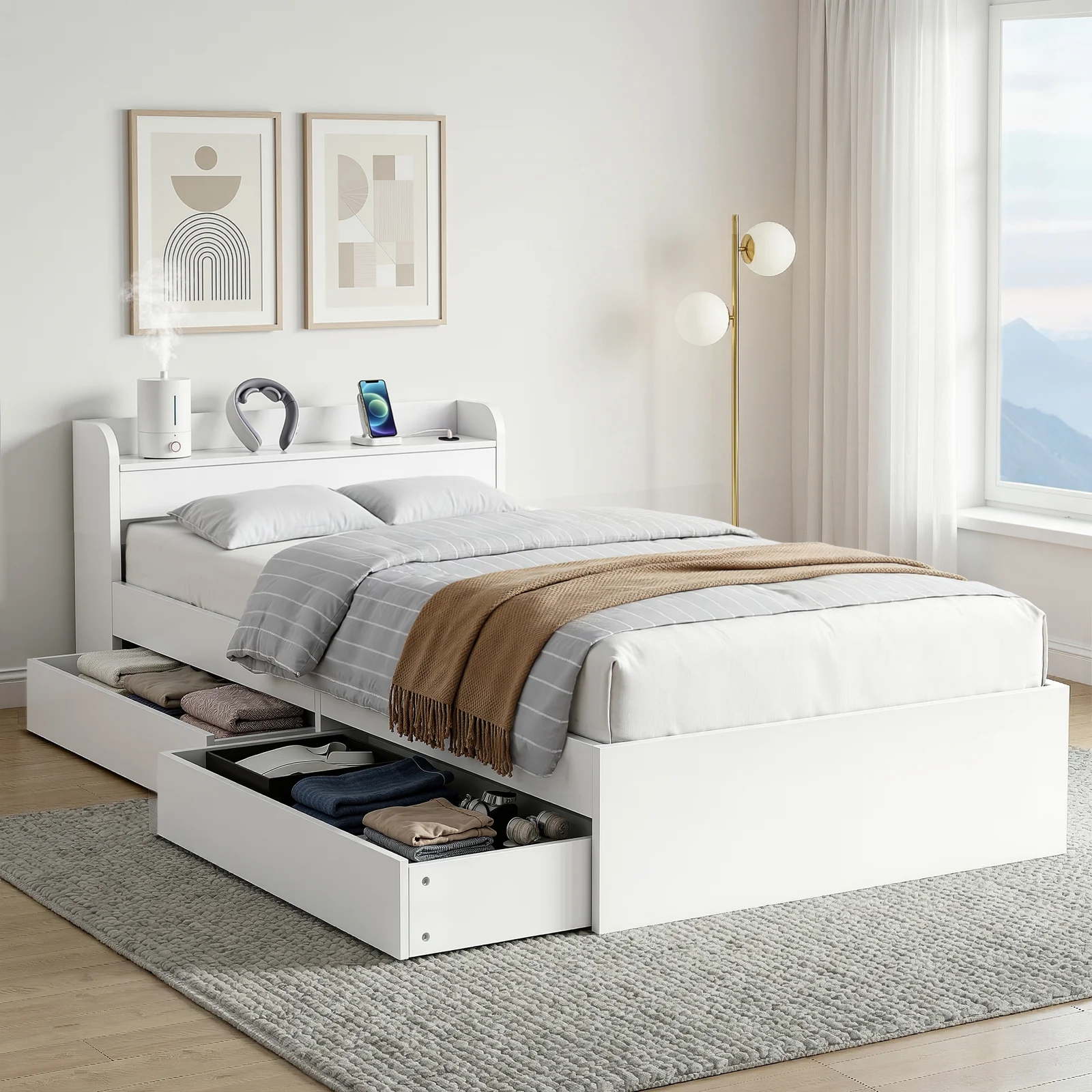 Artiss Bed Frame Single Size with Charging Ports and 2 Drawers AURA