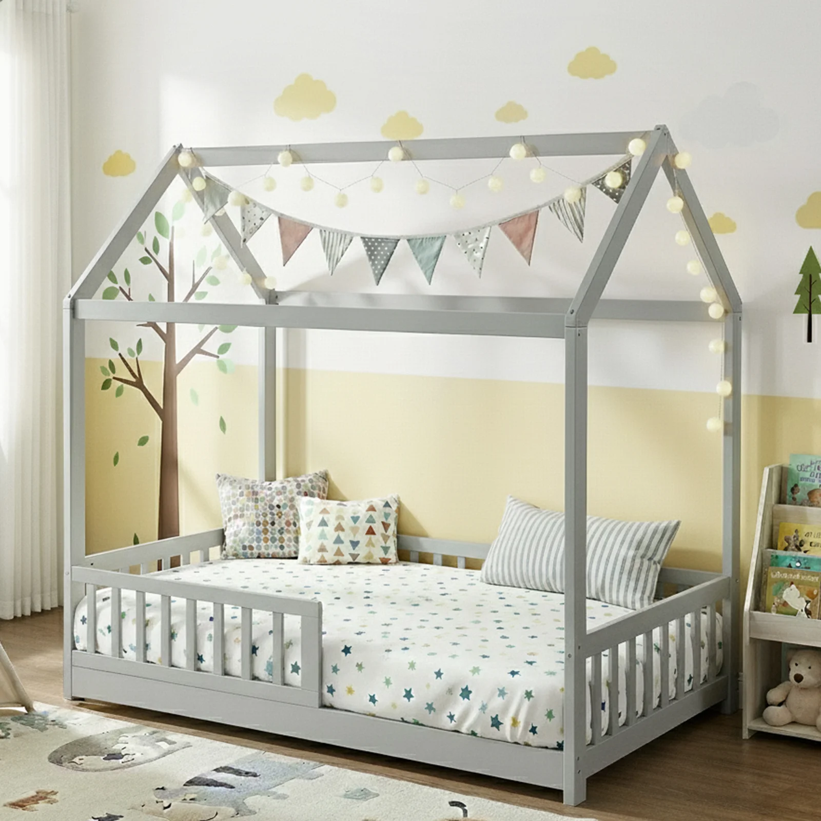 Artiss Bed Frame Wooden Kids House Frame Grey ROCK