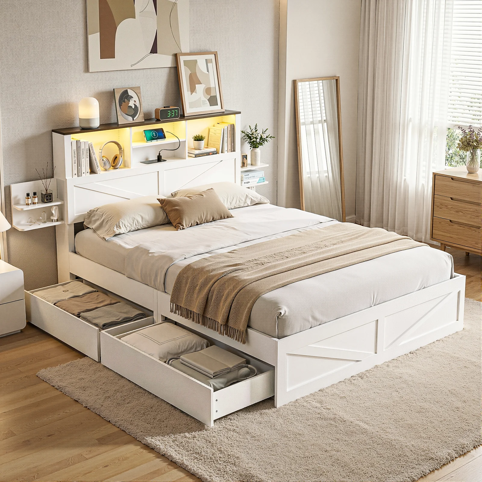 Artiss Queen Bed Frame with Storage Drawers White Platform Bedframe with Bookcase Headboard Charging Station Led Light