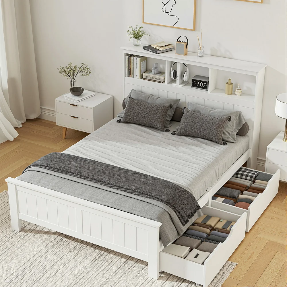 Artiss Bed Frame Double Size Wooden with 3 Shelves Bed Head White