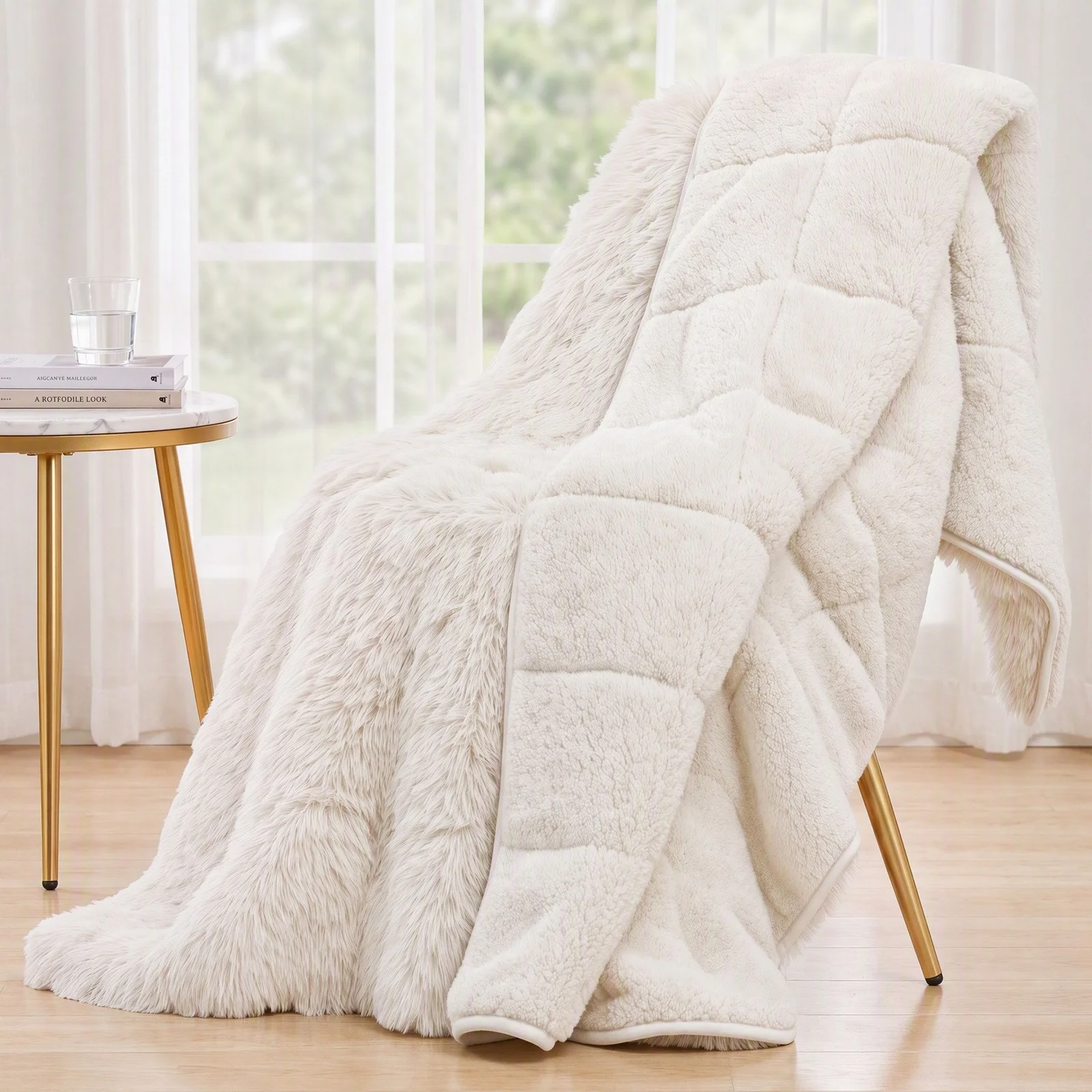 Giselle Faux Fur Weighted Blanket 2 Sided Long Pile Sherpa Reverse Cream 6.8KG 120 x 180cm