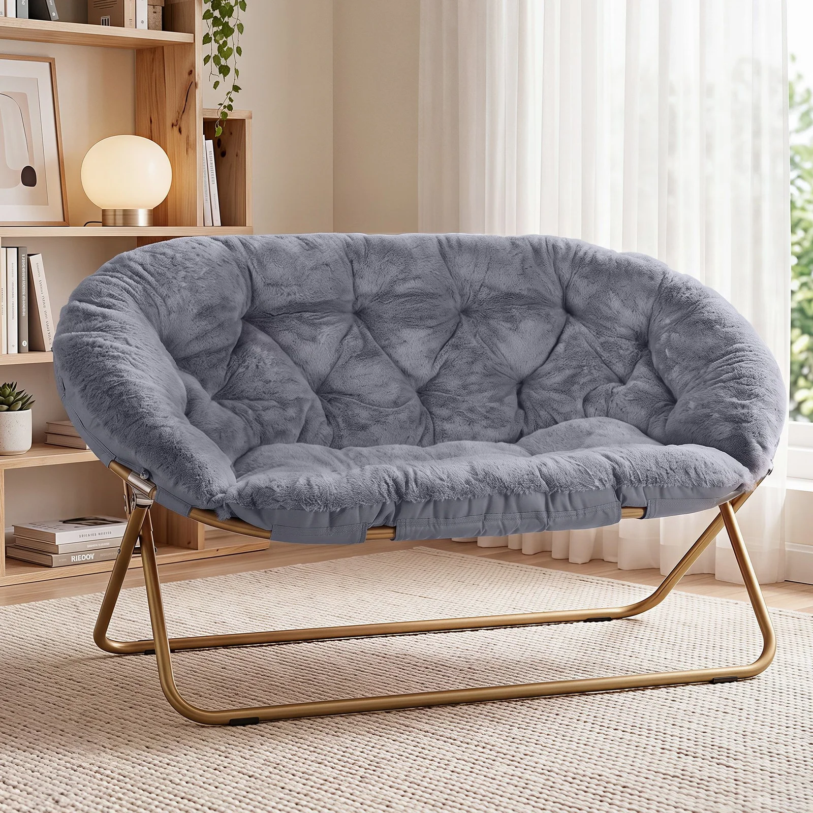 Artiss Double Saucer Chair Soft Faux Fur Lounge Foldable Oversize Chair for Bedroom Grey