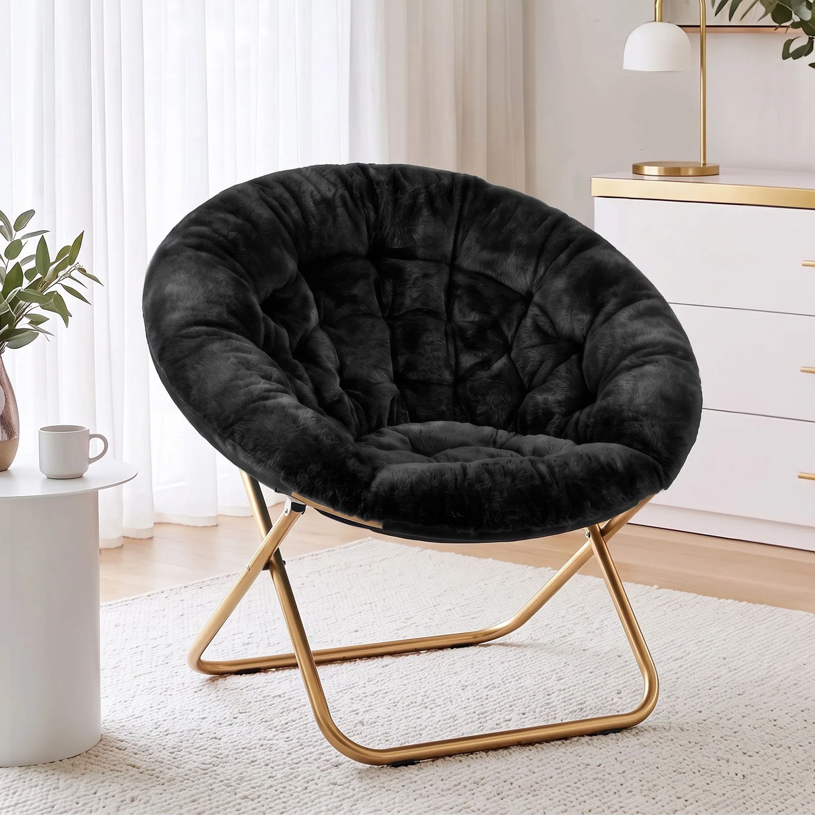 Artiss Cozy Saucer Chair Soft Faux Fur Folding Accent Chair for Bedroom Black