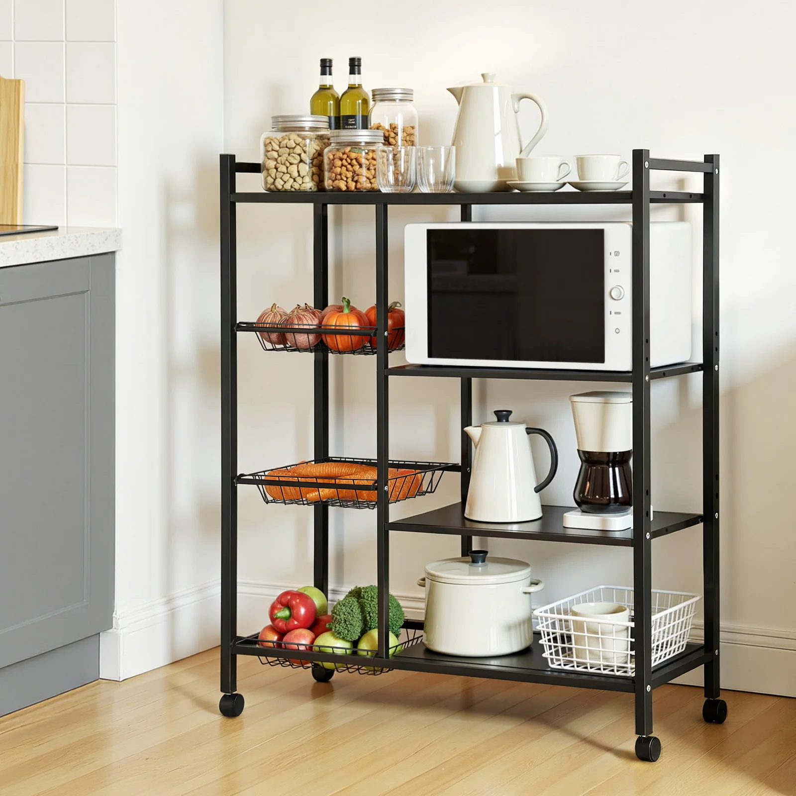  Artiss 4-Tier Kitchen Rack Microwave Bakers Storage Shelf with 3 Baskets Wheels