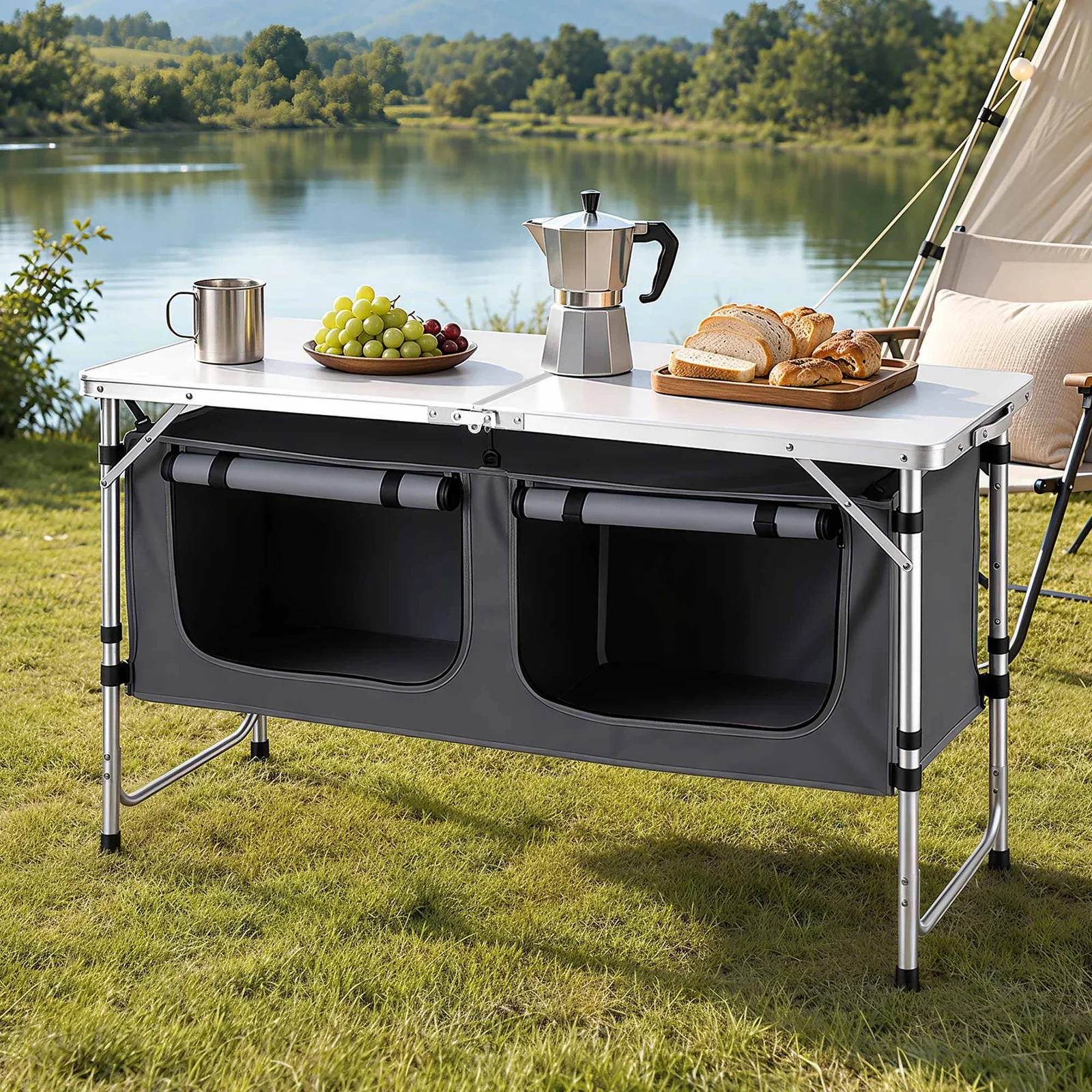 Weisshorn Camping Table Adjustable Storage Cabinet Aluminum MDF 120cm Grey