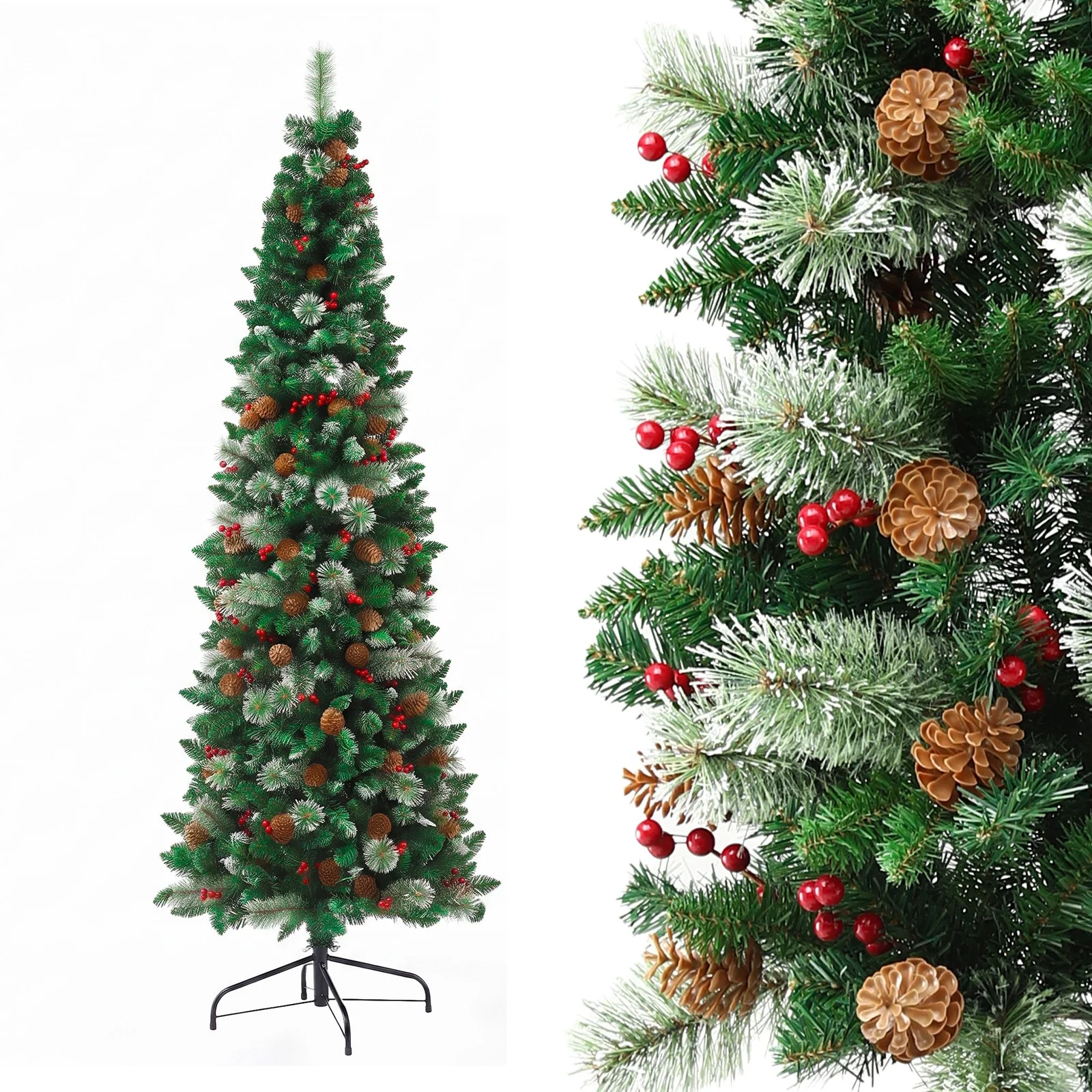 Jingle Jollys 2.1m Artificial Slim Christmas Tree Pine Cone Berry Decor Corner